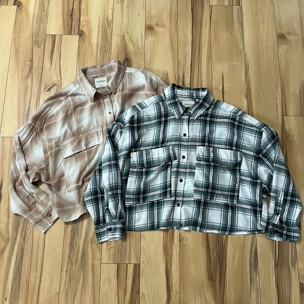 Abercrombie & Fitch Women Sz M Oversized Crop Soft AF Flannel Tan, Blue Lot Of 2